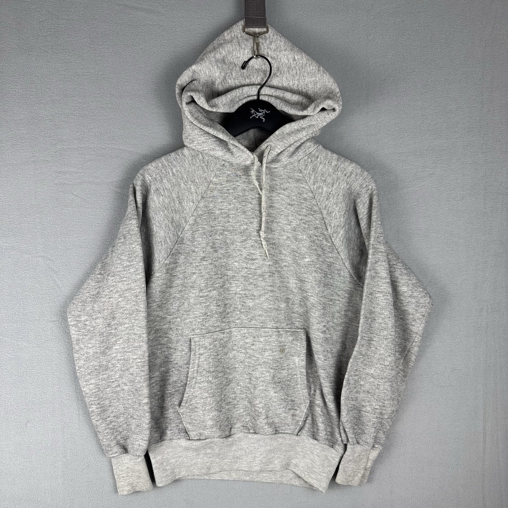 Vintage Hoodie Pullover Fleece Gray Raglan Sweatshirt Mens Small 70s 80s USA